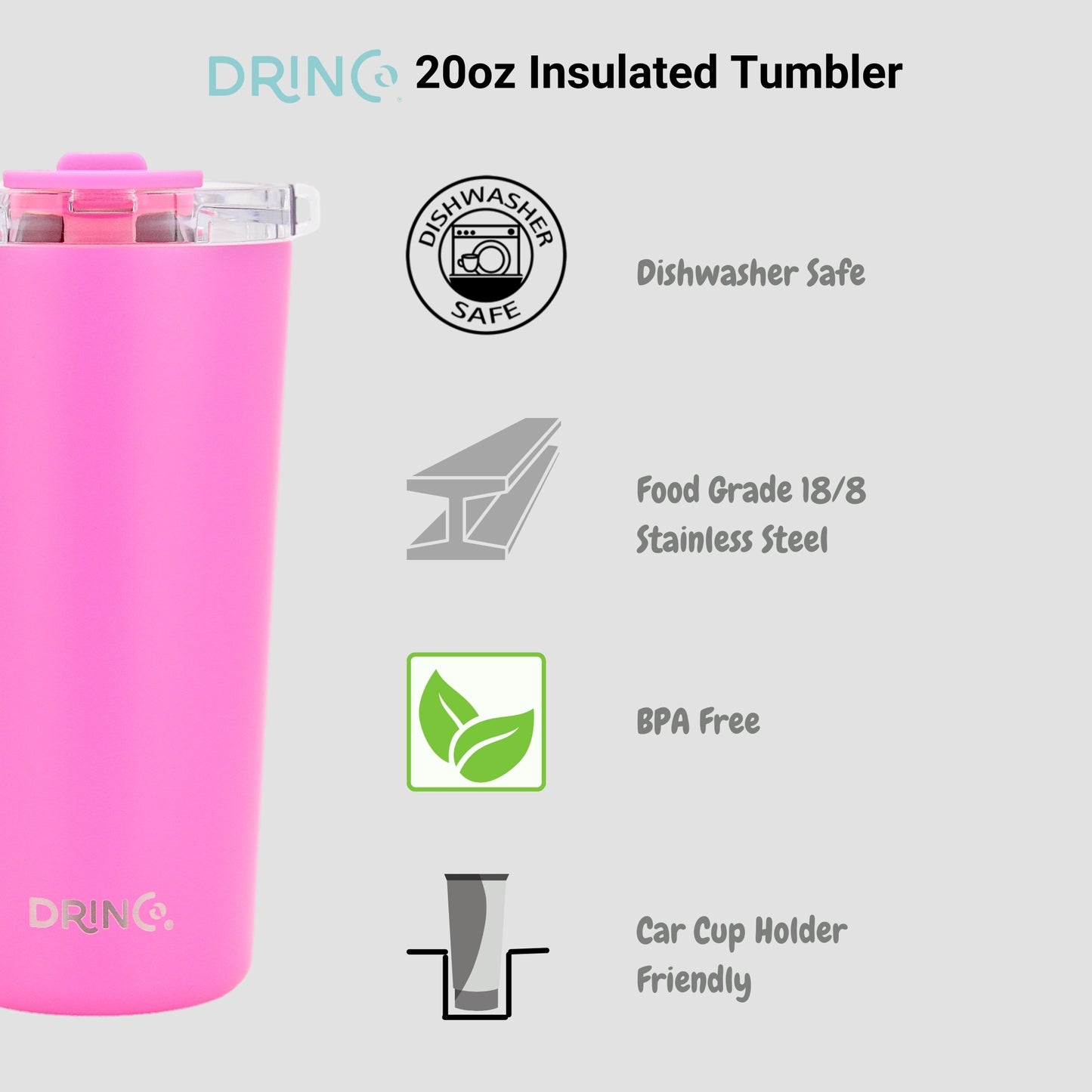 DRINCO® Seattle 20oz Insulated Tumbler Spill Proof Lid w/straw-Pink