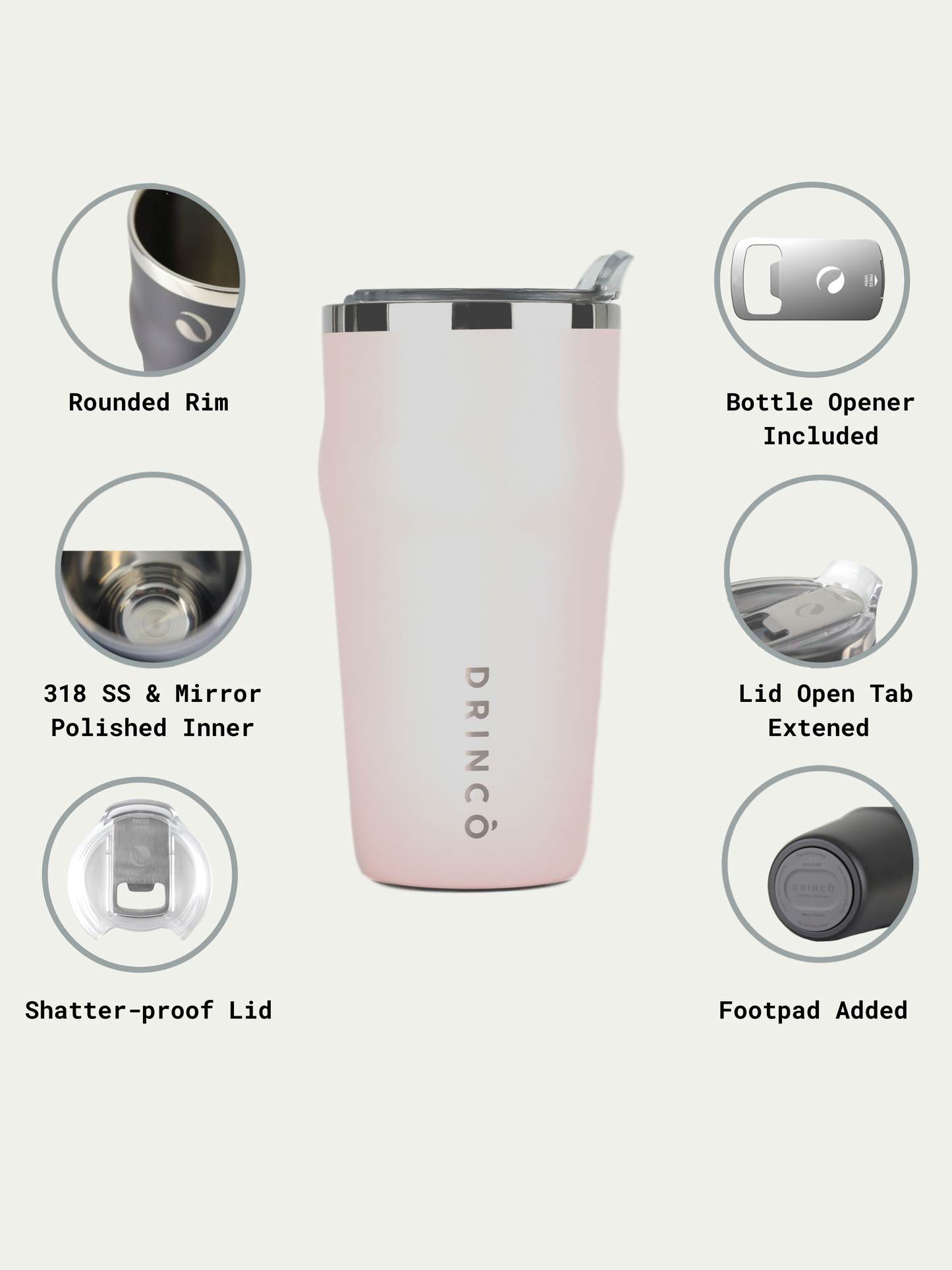 DRINCO 20oz Insulated Tumbler Beer Mug-Bottle Opener THOR-(Pale Pink)