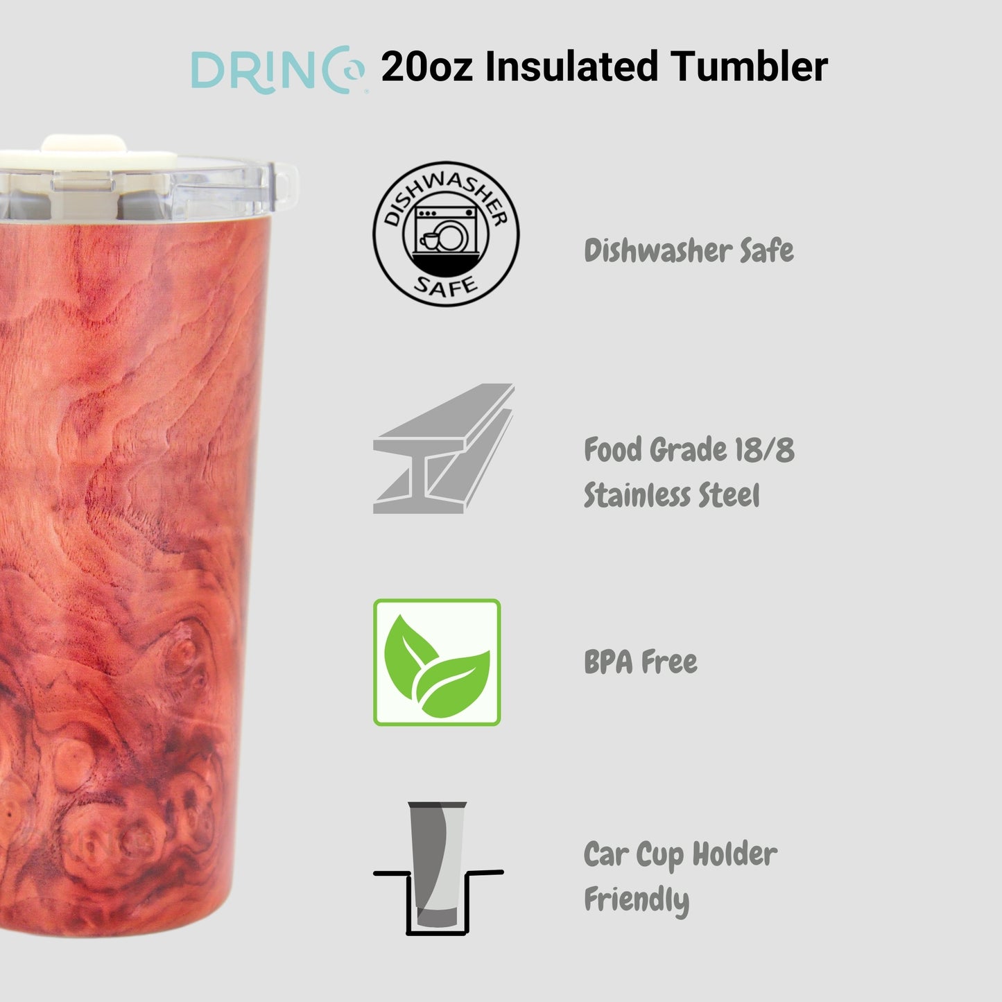 DRINCO® Seattle 20oz Insulated Tumbler Leakproof w/straw-Walnut