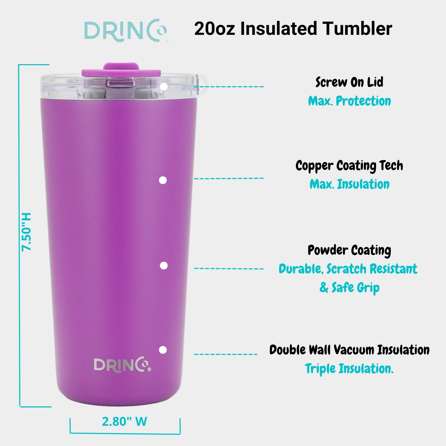 DRINCO®  20oz Insulated Tumbler w/Spill Proof Lid, 2 Straws(Purple)