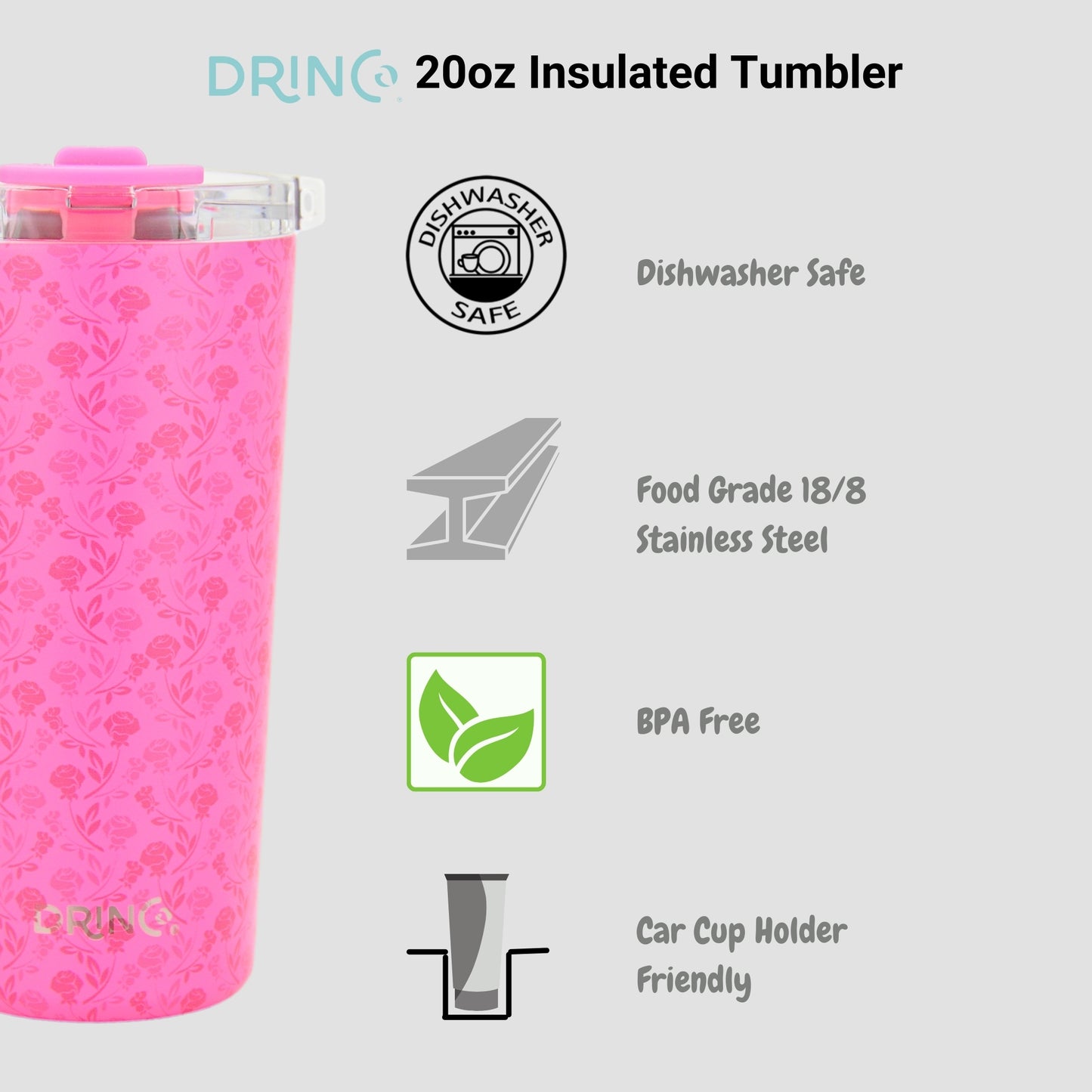 DRINCO® Seattle 20oz Insulated Tumbler Leakproof w/straw-Pink Rose